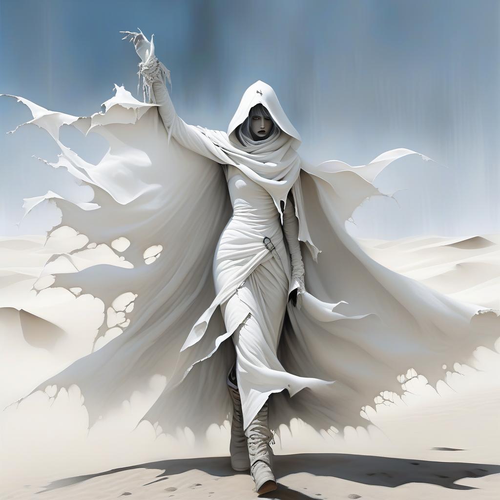  macabre style fantasy girl in a white scarf on the lower part of her face, in a white, white ragged, leaky cloak, in white gloves. black and steel buckle on the chest, on the cloak. with five fingers on each hand. . dark, gothic, grim, haunting, highly detailed