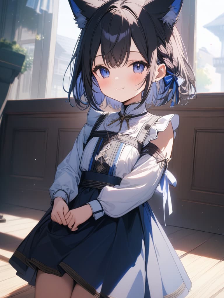  fox ears, smiles, hair tip blue, black hair, cute, virtual, short hair, braided ears, the cutest in the world, short hair, blue, masterpiece, best quality,8k,ultra detailed,high resolution,an extremely delicate and beautiful,hyper detail