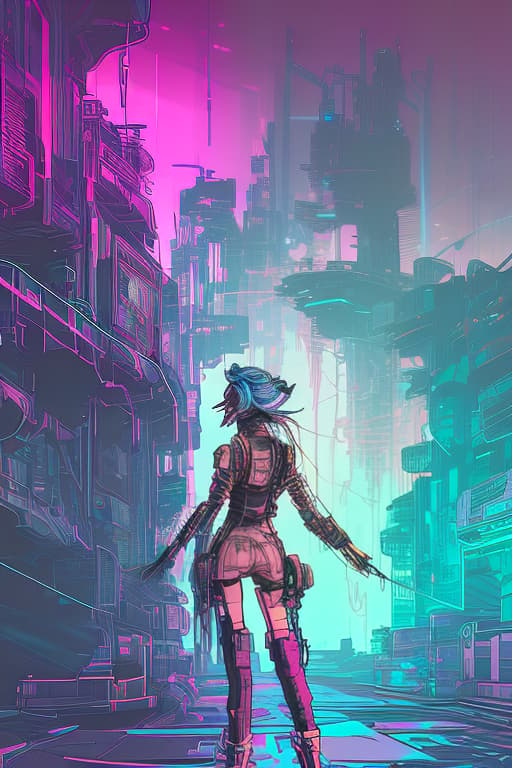 nvinkpunk girl, cyberpunk, magic artifacts around, hair blue. pink bright eyes