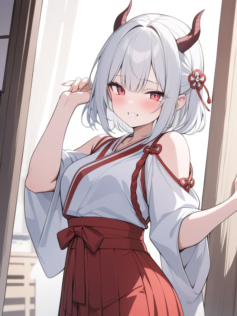  there are horns, girls, sharp ears, hakama, hits, short hair, white hair, dragon's daughter, red and white hakama, red eyes, cute, smiles, cheerful, masterpiece, best quality,8k,ultra detailed,high resolution,an extremely delicate and beautiful,hyper detail