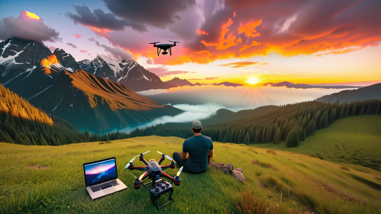  aerial view of a drone photographer capturing stunning landscapes, surrounded by mountains and a sunset, with a laptop displaying graphs and dollar signs in the foreground, emphasizing the financial aspect of drone photography. hyperrealistic, full body, detailed clothing, highly detailed, cinematic lighting, stunningly beautiful, intricate, sharp focus, f/1. 8, 85mm, (centered image composition), (professionally color graded), ((bright soft diffused light)), volumetric fog, trending on instagram, trending on tumblr, HDR 4K, 8K