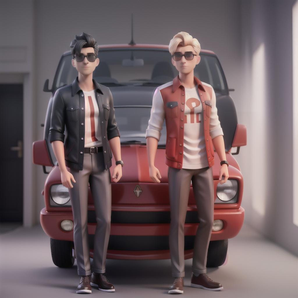  A blond man and a black-haired man, sunglasses, a red car with white stripes on the sides, high definition, 70s style hyperrealistic, full body, detailed clothing, highly detailed, cinematic lighting, stunningly beautiful, intricate, sharp focus, f/1. 8, 85mm, (centered image composition), (professionally color graded), ((bright soft diffused light)), volumetric fog, trending on instagram, trending on tumblr, HDR 4K, 8K