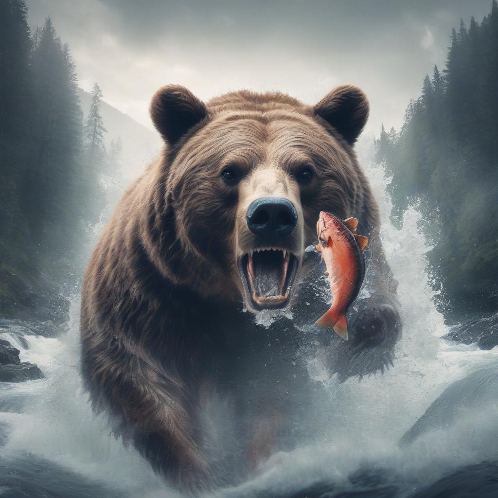  merged, jed dblexpsre effect, double exposure a close up silhouette of a bear's head, epic atmosphere with a river rapids with (((salmon swimming upstream and jumping from the water))), forest backdrop byneuralartstudio, <lora:doubleexposure 000007:1>