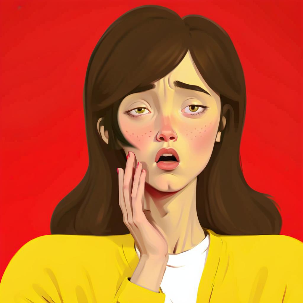  the girl has a thoughtful surprised face, she stands on a red background in yellow clothes, girl illustration sketch sketch