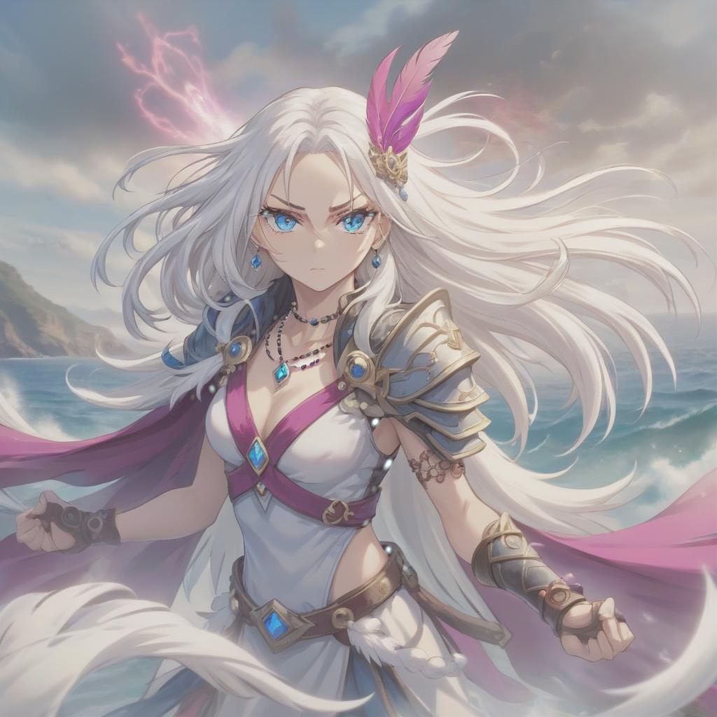  long exposure photo of portrait of strong rage woman valkyria warrior, long white hair, tilting head down, magenta mantle, shoulder pad feather, blue eye, accessory necklace with pearls on the forehead, by the sea, [rgb 1:1:1], [true color] . blurred motion, streaks of light, surreal, dreamy, ghosting effect, highly detailed, sticker, hkmagic