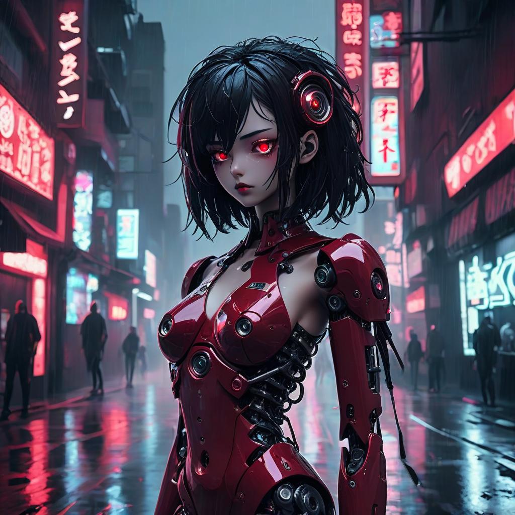  neon noir robot girl, dark red metal body, silver eyes, black hair . cyberpunk, dark, rainy streets, neon signs, high contrast, low light, vibrant, highly detailed