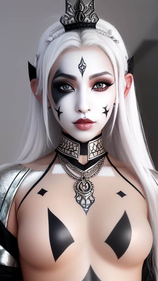  Chessboard check body paint in every corner of the body, Silver body paint all over the body, white face paint on the face, Dark elf 女性