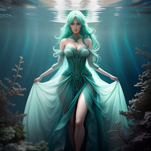  a detailed, realistic picture of a girl with green hair, blue eyes, a blue dress with magic, full growth on a sea bed hyperrealistic, full body, detailed clothing, highly detailed, cinematic lighting, stunningly beautiful, intricate, sharp focus, f/1. 8, 85mm, (centered image composition), (professionally color graded), ((bright soft diffused light)), volumetric fog, trending on instagram, trending on tumblr, HDR 4K, 8K