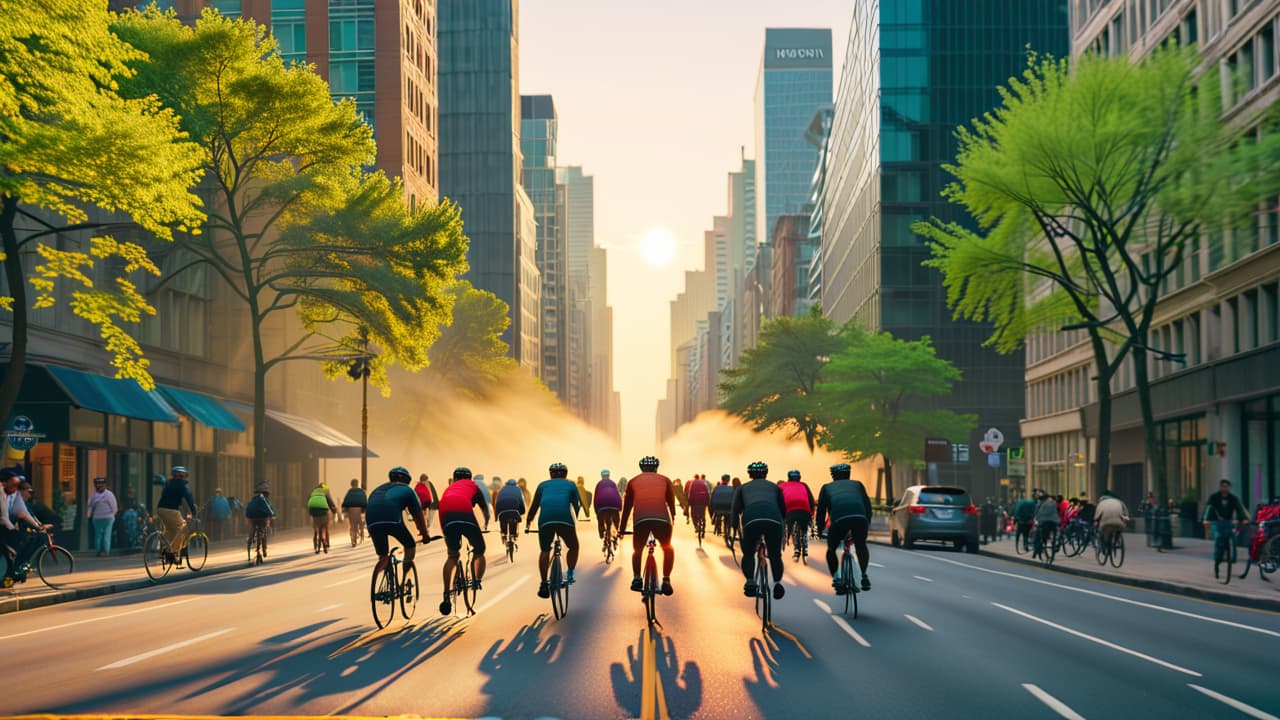  a split scene: one side features a bustling city street with cyclists navigating traffic, skyscrapers in the background; the other side shows a serene countryside path with cyclists enjoying nature, trees, and open skies. hyperrealistic, full body, detailed clothing, highly detailed, cinematic lighting, stunningly beautiful, intricate, sharp focus, f/1. 8, 85mm, (centered image composition), (professionally color graded), ((bright soft diffused light)), volumetric fog, trending on instagram, trending on tumblr, HDR 4K, 8K