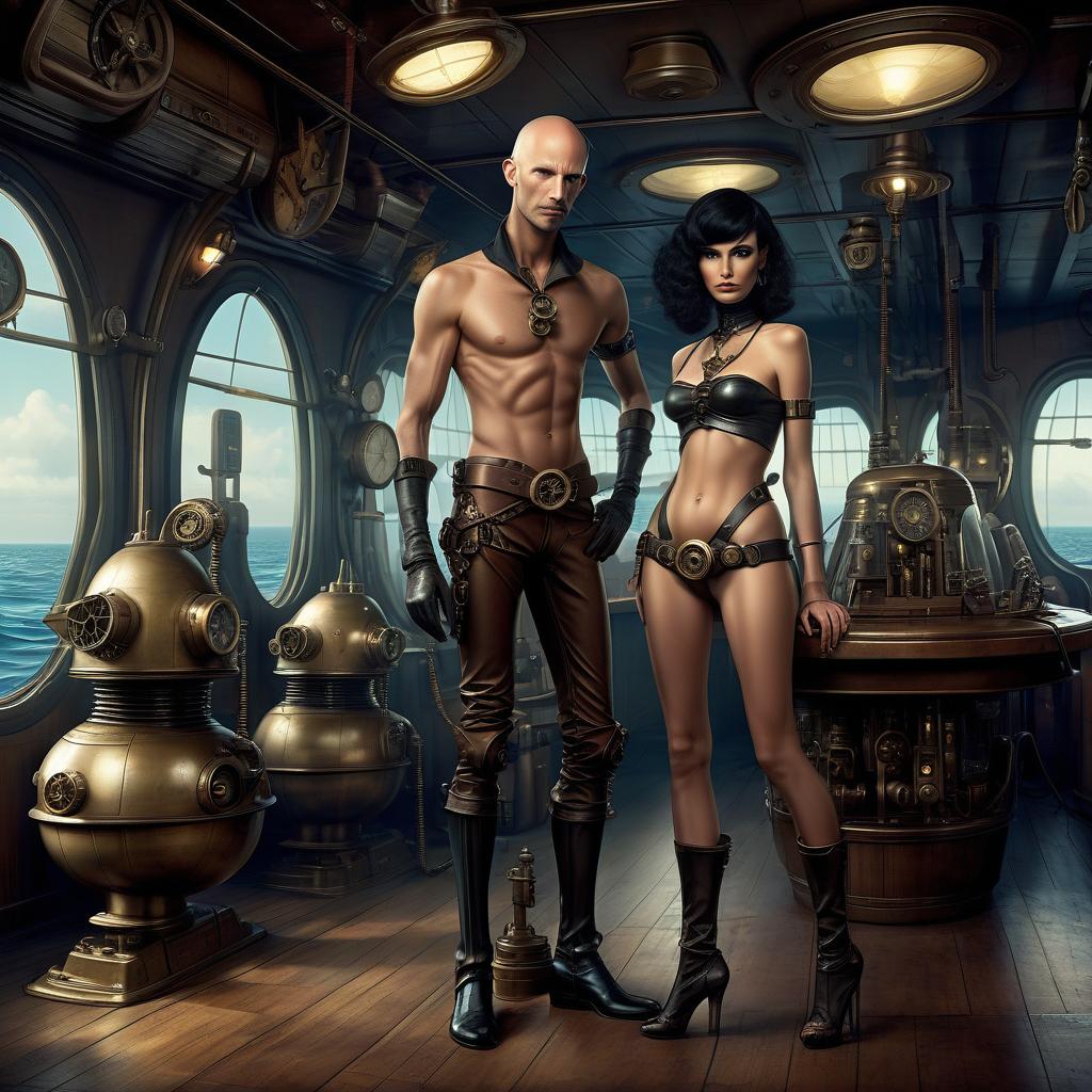  nautical themed a group of smugglers, a potty man, 40 year, small, bald, black. a young , 20 year, medium sized s, graceful thin waist, long slender legs, black hair, droid, minotaur. full length image, steampunk, dieselpunk, paropunk, stand in a futuristic tavern. . sea, ocean, ships, maritime, beach, marine life, highly detailed