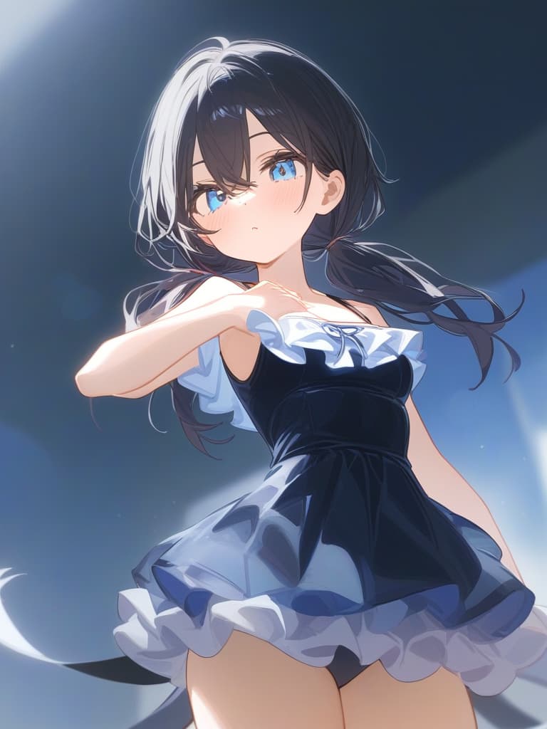  cute face focus,cute,black hair,light blue eyes,cute posing,frill onepiece,low twin tail