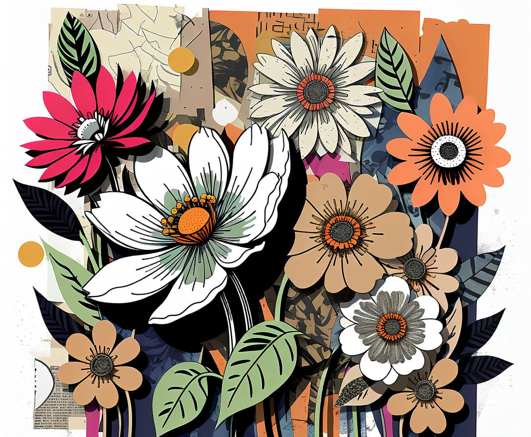  collage style flowering . mixed media, layered, textural, detailed, artistic, t shirt design