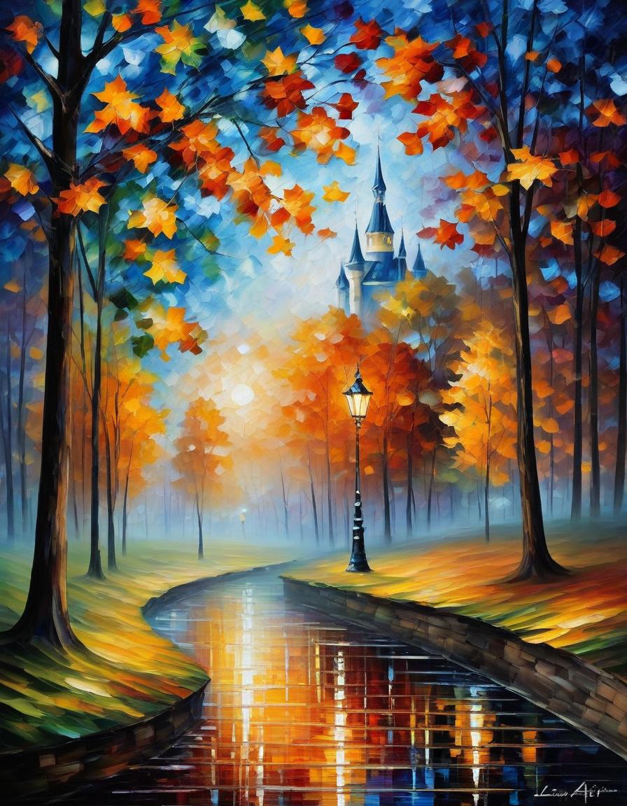  (style of leonid afremov:1.5), oil palette knife painting, canvas, autumn landscape, forest, castle, falling autumn leaves, fantasy, muted shades of colors, gothic aesthetic, beautiful, blue hour, impessionism