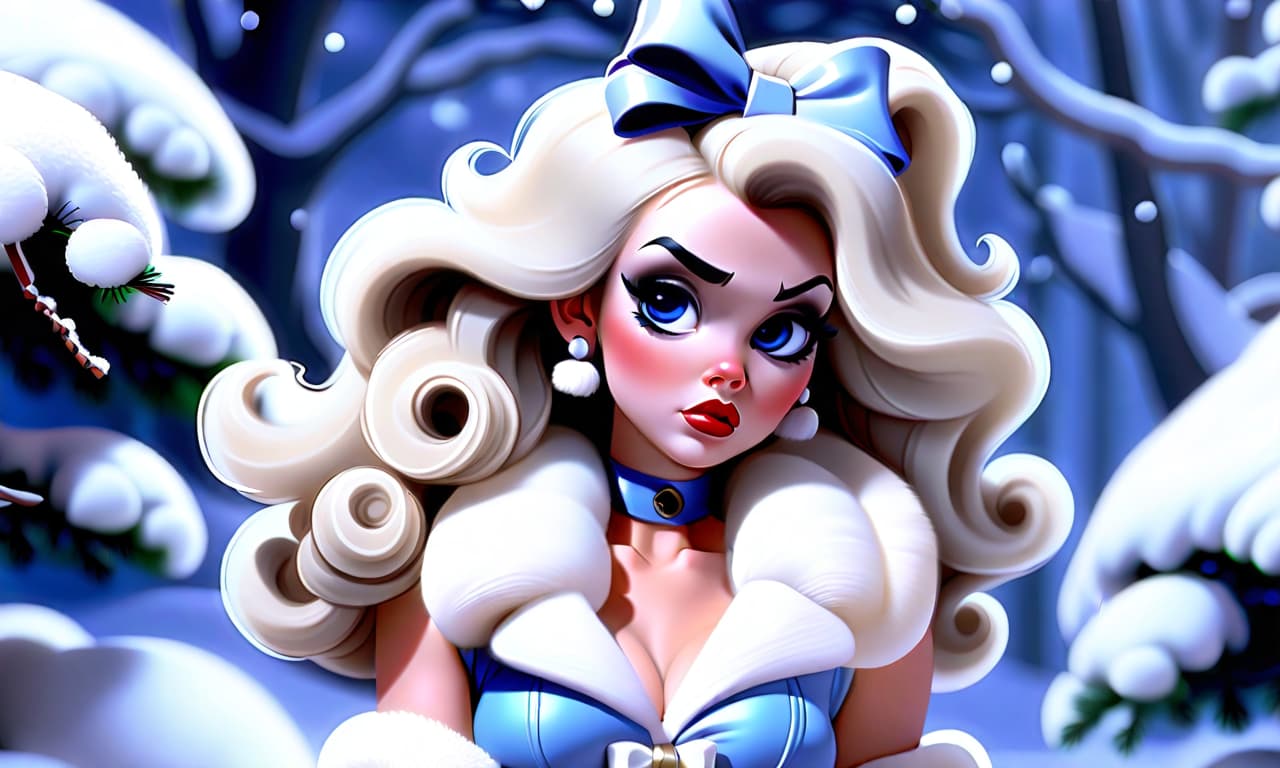  ethereal fantasy concept art of "create a painting in the pin up style featuring a young woman with a cute face and makeup. she has light hair styled with large white bows on the sides, from which curly hair flows down. the woman is dressed in a short blue fur coat with a fluffy white fur collar, which accentuates her figure. her arms are extended along her body to mid thigh, with her wrists flared out to the sides. she wears nylon stockings and long white leather high heeled boots, standing as if on her toes. the scene depicts her standing straight in the snow, appearing to shiver from the cold, surrounded by snow and snowdrifts. to her right, there is a fluffy green christmas tree adorned with colorful ornaments and twinkling lights. the