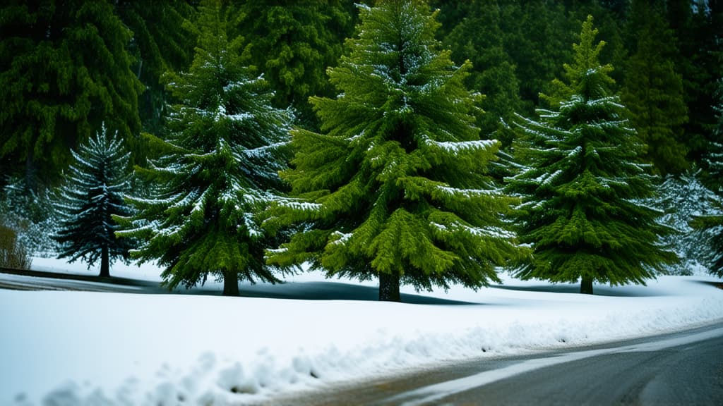  professional detailed photography, green spruce trees stand in the snow, there is a road in the middle ar 16:9, (muted colors, dim colors, soothing tones), (vsco:0.3)