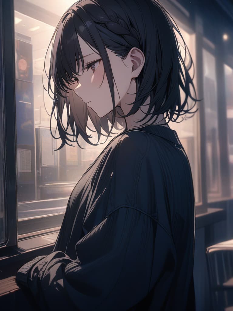  hair tip blue, black hair, short hair, braided ears, short hair, blue, illness, dark, night, depression, masterpiece, best quality,8k,ultra detailed,high resolution,an extremely delicate and beautiful,hyper detail