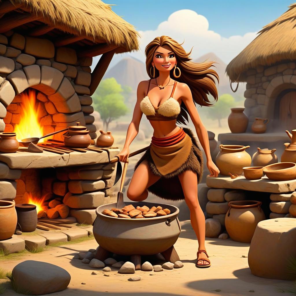  (cartoon style:1.5), masterpiece, best quality, stone age woman in a dirty fur skirt and a dirty fur vest cooking in ceramic pot in a stone oven, outdoor, at full heigh body, with brovn hair, slender, slim waist, long loincloth, tanned skin, at full heigh body, action pose, full heigh body, against the backdrop of a stone age village, (swift and agile movements:1.2), intense, (determined expression:0.9), cartoon style, cute, modernism,