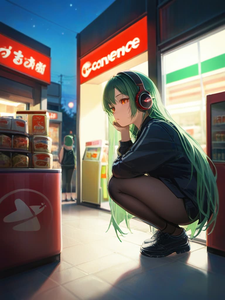  1girl,green hair,(((very long hair))),up angle,(((血眼))),(((headphone))),(((black jogging suits))),(((squatting:1.3))),(((outside the convenience store at night:1.5))),realistic