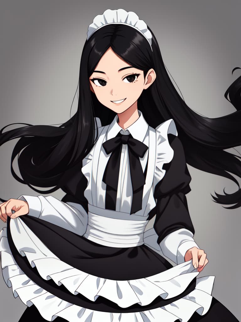  one , maid, maid clothes, black hair black eyes, ish, slender, handsome , elegant smile, long hair, calm smile, mature expression, flat 