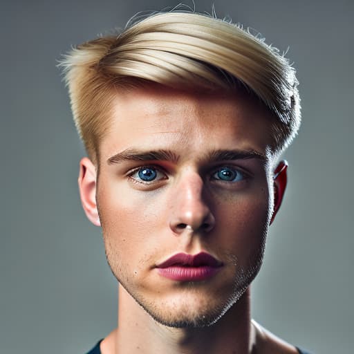 portrait+ style British LGBT queer Tiktok personality blonde hunk dude face