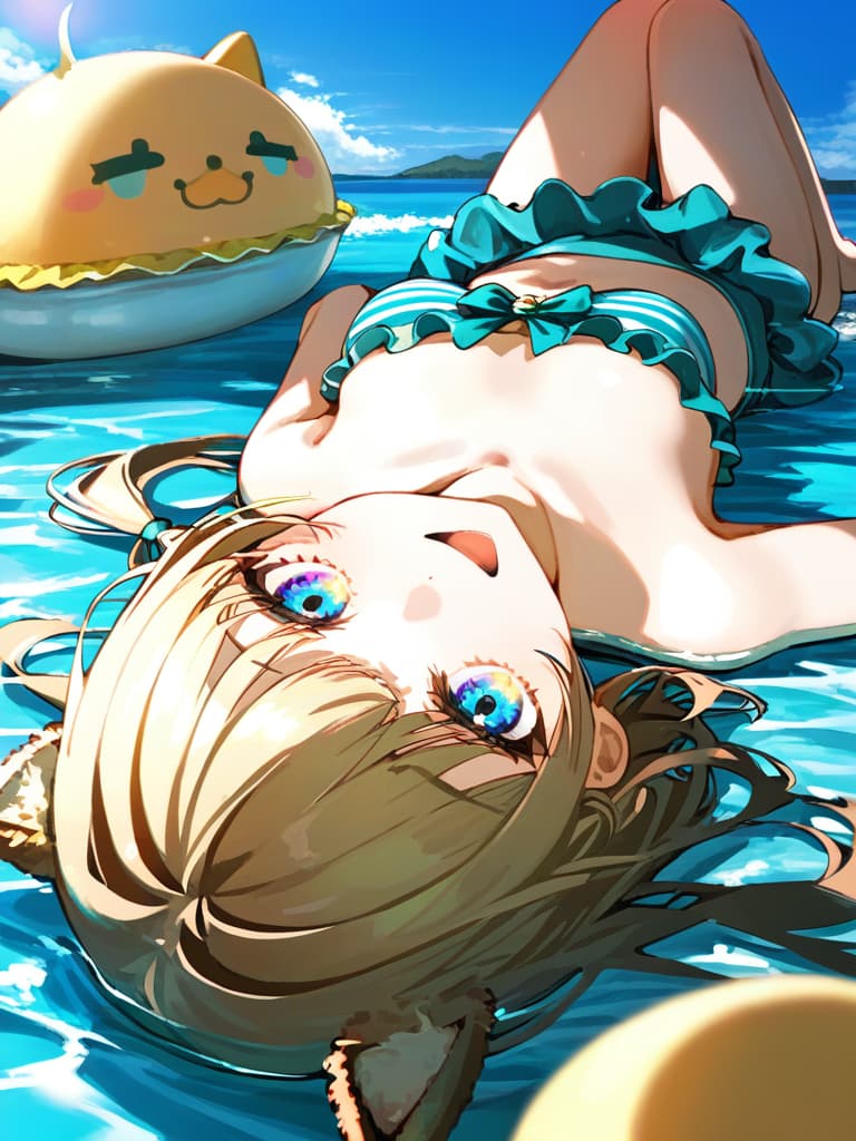  ultra detailed:1.2,masterpiece:1.2,best quality,masterpiece,bestquality,hdr:1.1,8k:1.1,very cute girl:1.3,(aqua color,frill ,swimwear:1.6),(lying,at striped float bed on sea:1.8) ,smile:1.4 ,(blonde hair,twin tail,drill hair:1.3) ,(on the sea:1.7),upper body:1.3,dutch angel:1.5,open mouth,(upside down:1.7)(from above:1.1)((eyes highlight:1.1))