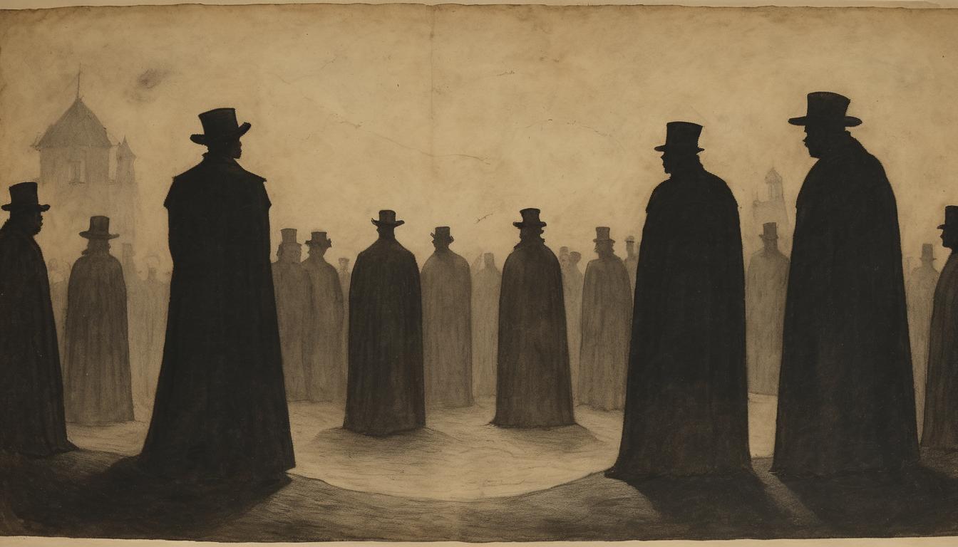  on parchment, surrealism++, silhouetted crowd, jeering and indistinct, central figure, determined, back turned against them, dark and ominous scene(mysterious, provocative, symbolic)++