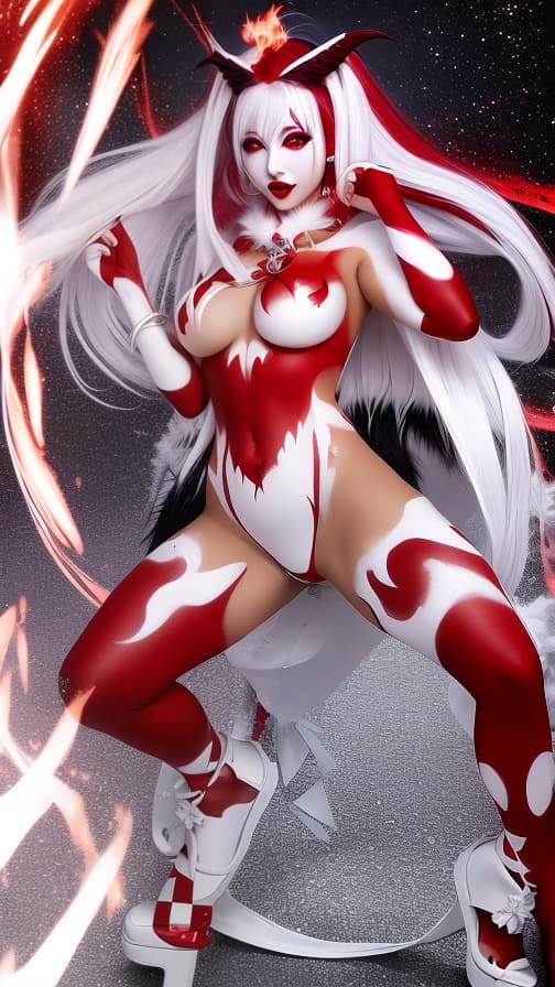  Full body red and White flame pattern body paint,silver body paint on the whole body, White face paint on the face,succubus 女性