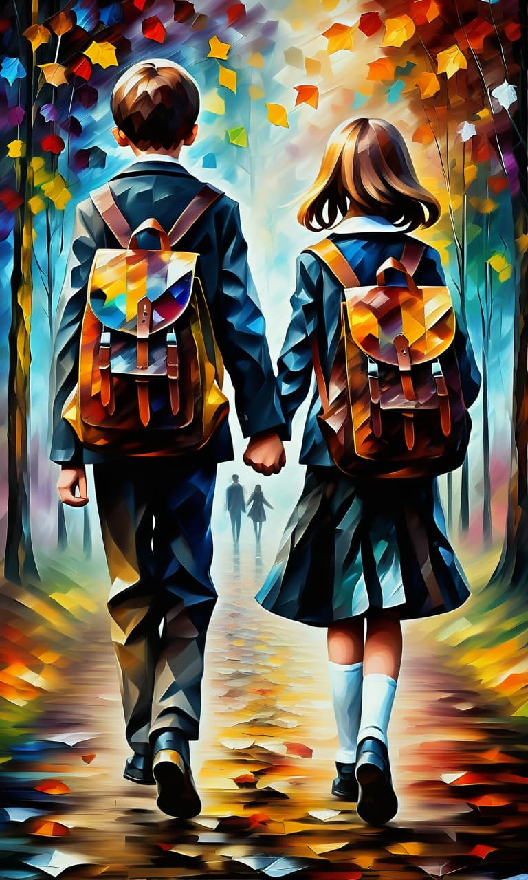  (style of leonid afremov:1.5), boy and girl schoolchildren walking through autumn park with school bags, holding hands, epic realism, anime features, dark fantasy, abstract horror, desaturated color palette, gothic and renaissance aesthetic, (happy smiles:1.4), in school uniform, blue eyes