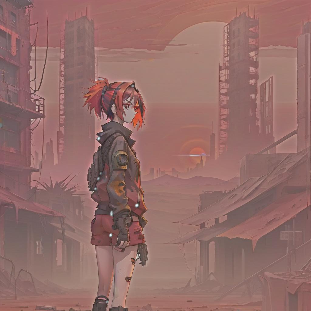  anime artwork image of post apocalyptic landscape, woman standing, in a clothes, the red sunset on the backround with a cyberpunk ruined buildings, in a orange desert, cyberpunk art, anime style . anime style, key visual, vibrant, studio anime, highly detailed