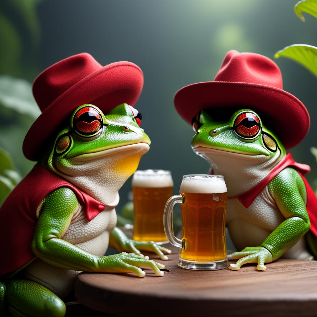  frogs with red hats drinking beer hyperrealistic, full body, detailed clothing, highly detailed, cinematic lighting, stunningly beautiful, intricate, sharp focus, f/1. 8, 85mm, (centered image composition), (professionally color graded), ((bright soft diffused light)), volumetric fog, trending on instagram, trending on tumblr, HDR 4K, 8K