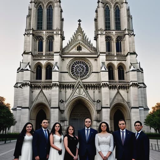  A group of diverse young adults in elegant formal attire stand before a majestic gothic cathedral illuminated by the soft morning light, ready for mass and fellowship.