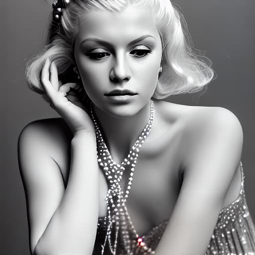  A beautiful blonde woman, very detailed, photorealistic, wearing a chiffon dress, wearing a single strand of pearls, 8K, UD, 200mm Hasselblad, Kodachrome, high heels, stockings