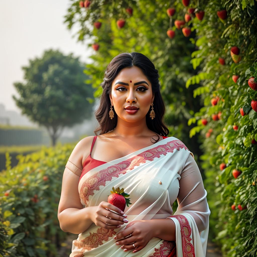  A Huge chubby Woman holding  strawberry in Hand, Saree and pallu, Clean face, strawberry Trees, No saturation, low vibrant, portrait hyperrealistic, full body, detailed clothing, highly detailed, cinematic lighting, stunningly beautiful, intricate, sharp focus, f/1. 8, 85mm, (centered image composition), (professionally color graded), ((bright soft diffused light)), volumetric fog, trending on instagram, trending on tumblr, HDR 4K, 8K