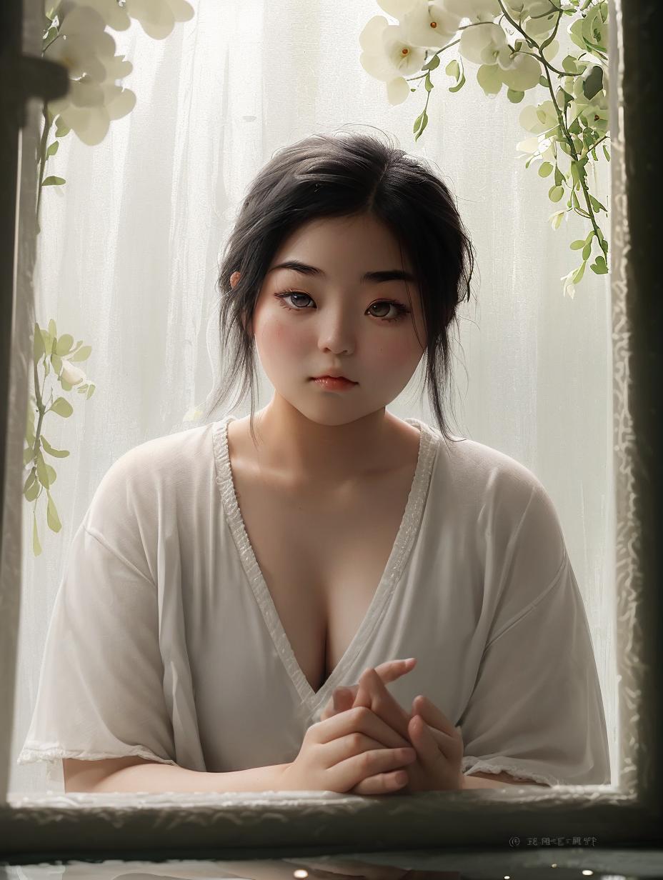  slightly chubby chinese girl, eyes slightly upturned, eyebrows slightly lowered, light eyebrows, overall soft look, deep black eyes reflecting her eternal peace and tranquility.