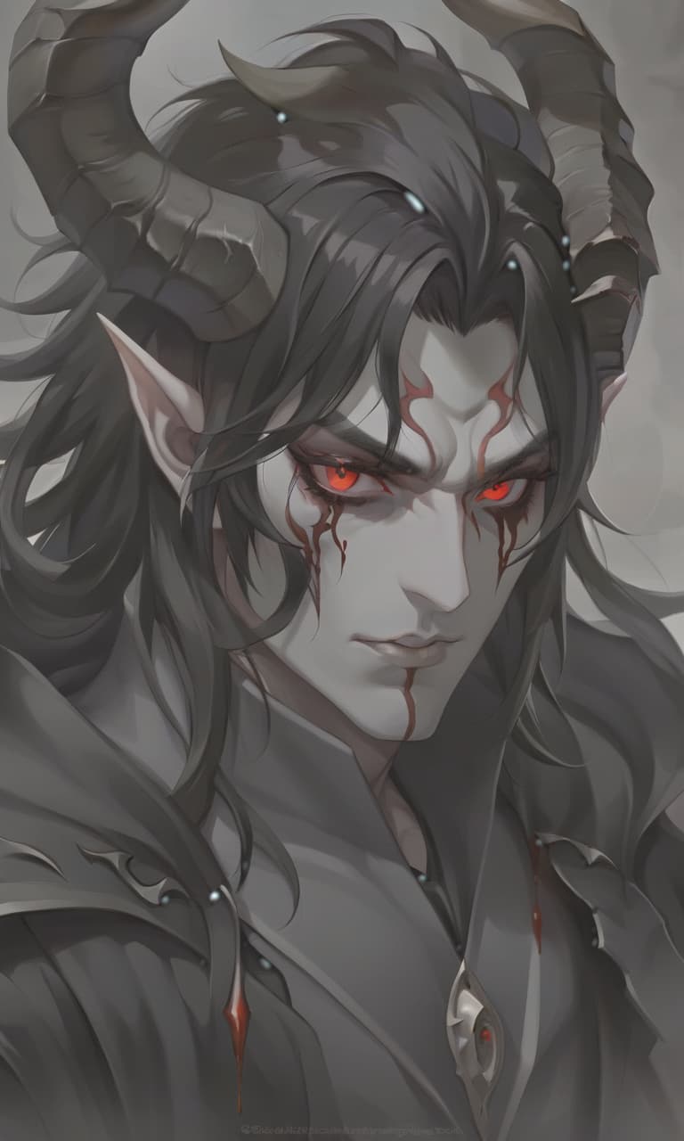  man demon, white skin, blood red eyes, black hair, white horns, black clothes