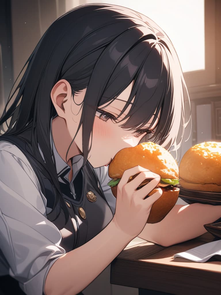  long black hair, beautiful, eating, uniform, masterpiece, best quality,8k,ultra detailed,high resolution,an extremely delicate and beautiful,hyper detail