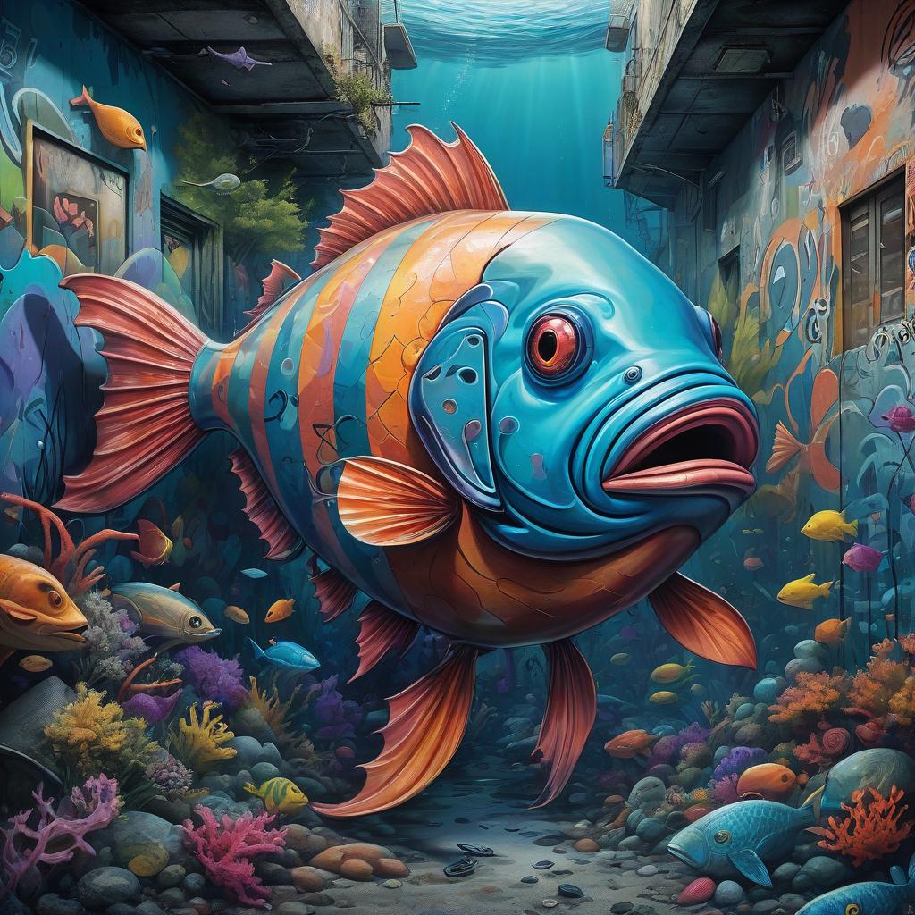  graffiti style big fish on the ocean floor . street art, vibrant, urban, detailed, tag, mural