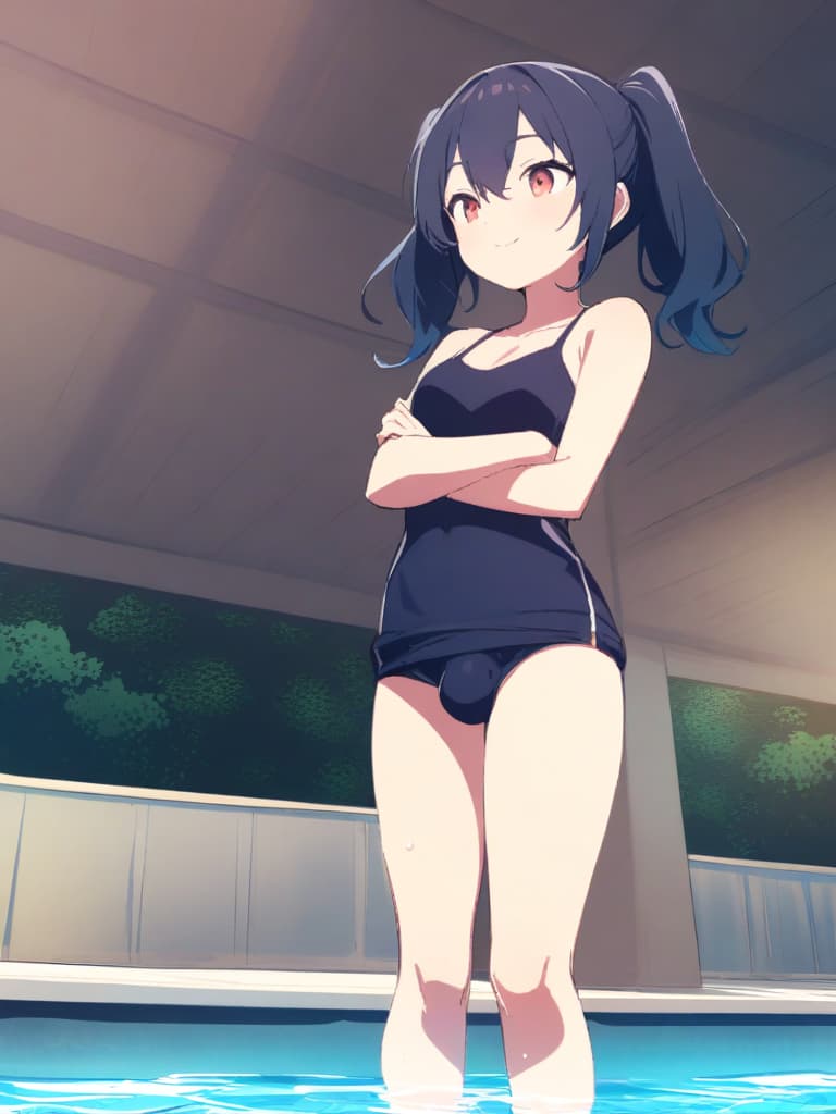  women's elementary students (male), twin tails, cute smiles, (rich s), short stature, dark blue swimwear, old swimwear, swimwear, simple, (upward), upward, (bulge), front, whole body, pool side ,,,