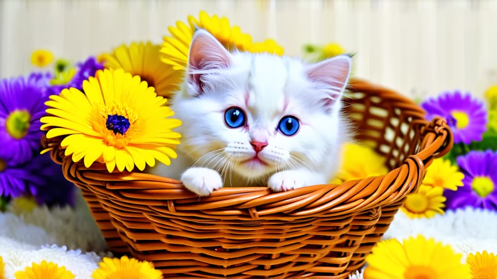  white kitten sitting in a basket surrounded by flowers, photo, fluffy art, purple and yellow fauna, avatar, beautiful hd, absolutely outstanding image, cutecore, catnet, blue eyes and light fur, lying on a bed of daisies, yellow and purple, white fluffy, round cute face, beautiful composition, excellent composition ar 16:9 {prompt}, maximum details