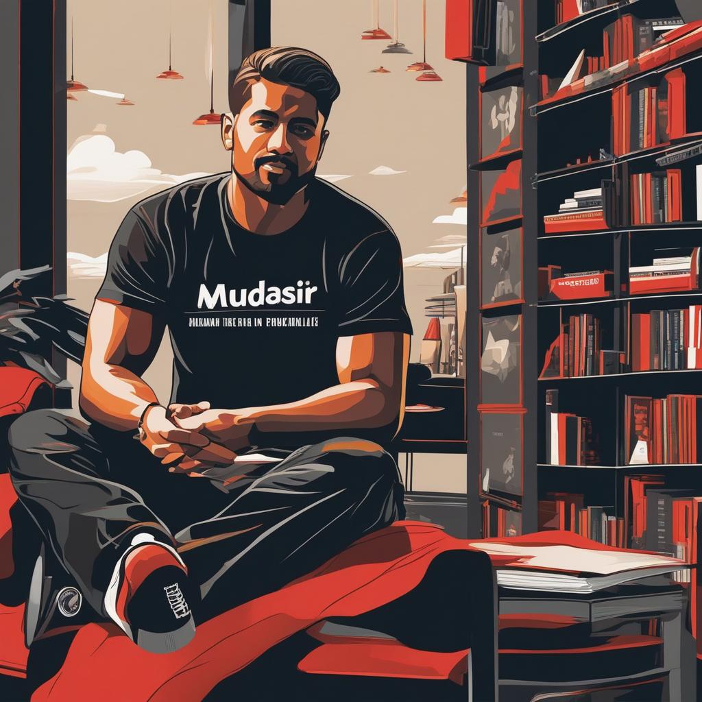  masterpiece, best quality, Create a picture where a man in a black shirt ,sits casually on a Chair. Wearing sneakers, he looks ahead. The background features “Mudasir” in big and capital white fonts on the black wall. There should not be his shadow, and he is sitting in his office and in his cabin looking handsome .