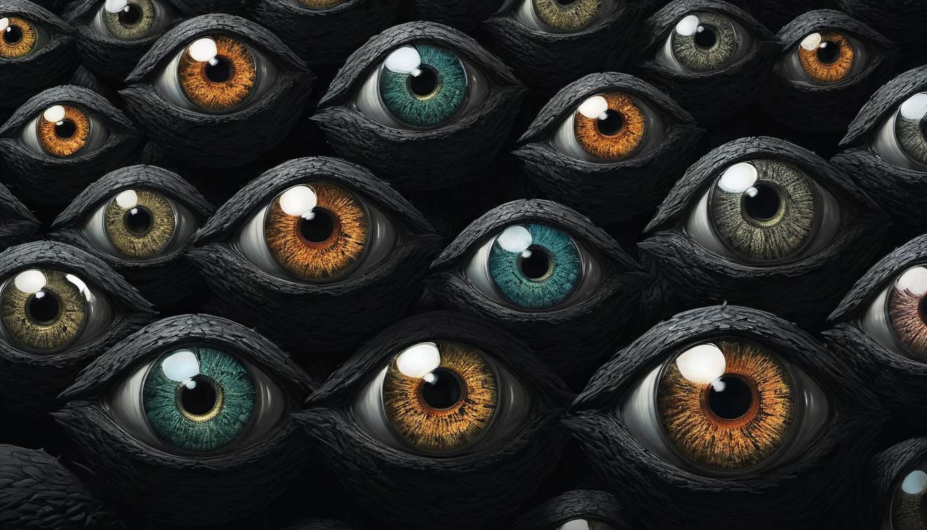  （surrealism)group of eyes, varied in size, peeking from different nooks and corners, subtle shadows, background dark and undefined, surveillance, scrutiny mystic, intricate details, best quality)