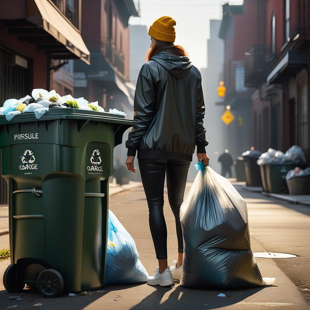  draw garbage bags with the inscription on them, carelessly placed near the garbage can and a person with the same bag leaving for this garbage can hyperrealistic, full body, detailed clothing, highly detailed, cinematic lighting, stunningly beautiful, intricate, sharp focus, f/1. 8, 85mm, (centered image composition), (professionally color graded), ((bright soft diffused light)), volumetric fog, trending on instagram, trending on tumblr, HDR 4K, 8K