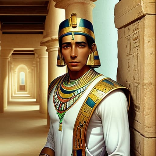  screenshot from the film; pastel colors; face and body angle in 3/4; an incredibly beautiful thirty ancient egyptian man is waiting for someone in the corridor of an ancient egyptian building, leans against the wall and looks up; he raised his head up; he is dressed in exquisite ancient egyptian clothes made of white linen and wears ancient egyptian jewelry; he looks much younger than his years; he has pleasant, pretty facial features; his face is smoothly ; he has delicate and smooth skin; he has an unusual for an egyptian light; he has a bright light corridor with a bright light, with a brighter shoulder shoulder hair; he is covered with a straight shoulder.