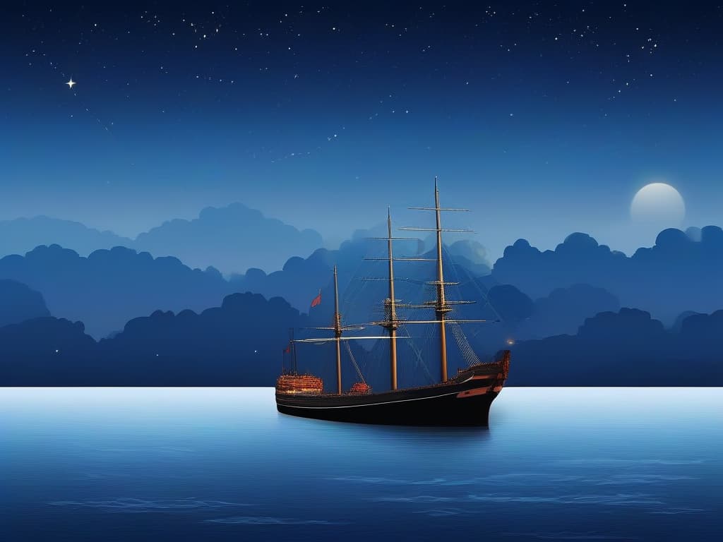  sea, ship, night sky, solitary botchi