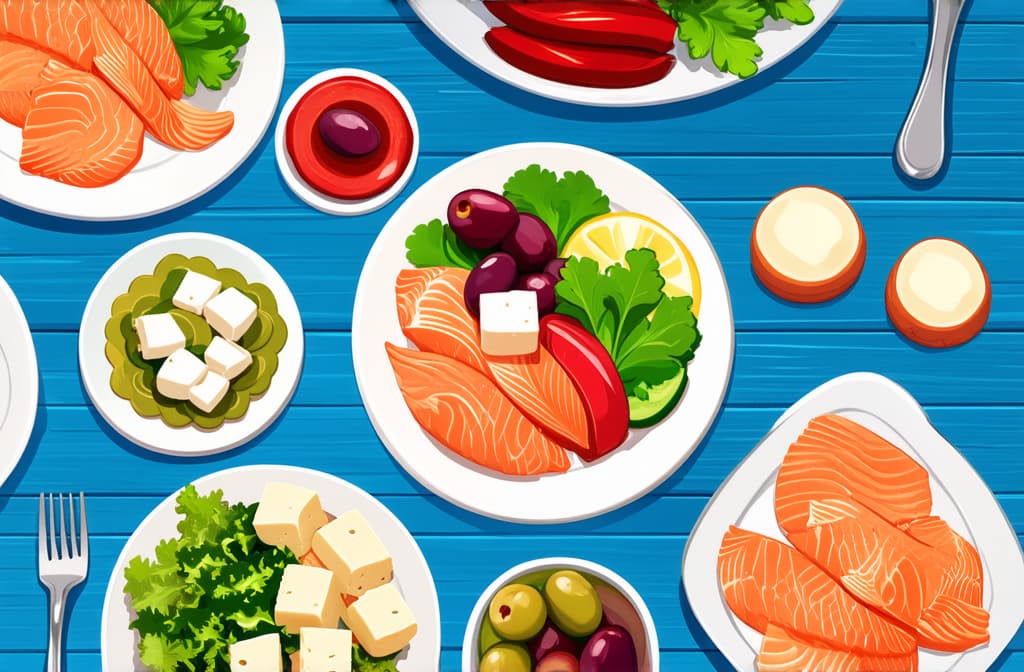  flat illustration, flaticon, (illustration:1.15), mediterranean diet. olives, red fish, feta cheese pieces, vegetables, greens in white plates on a wooden blue table, top view ar 3:2, [cory loftis, strobist, pascal campion :: 0.2]