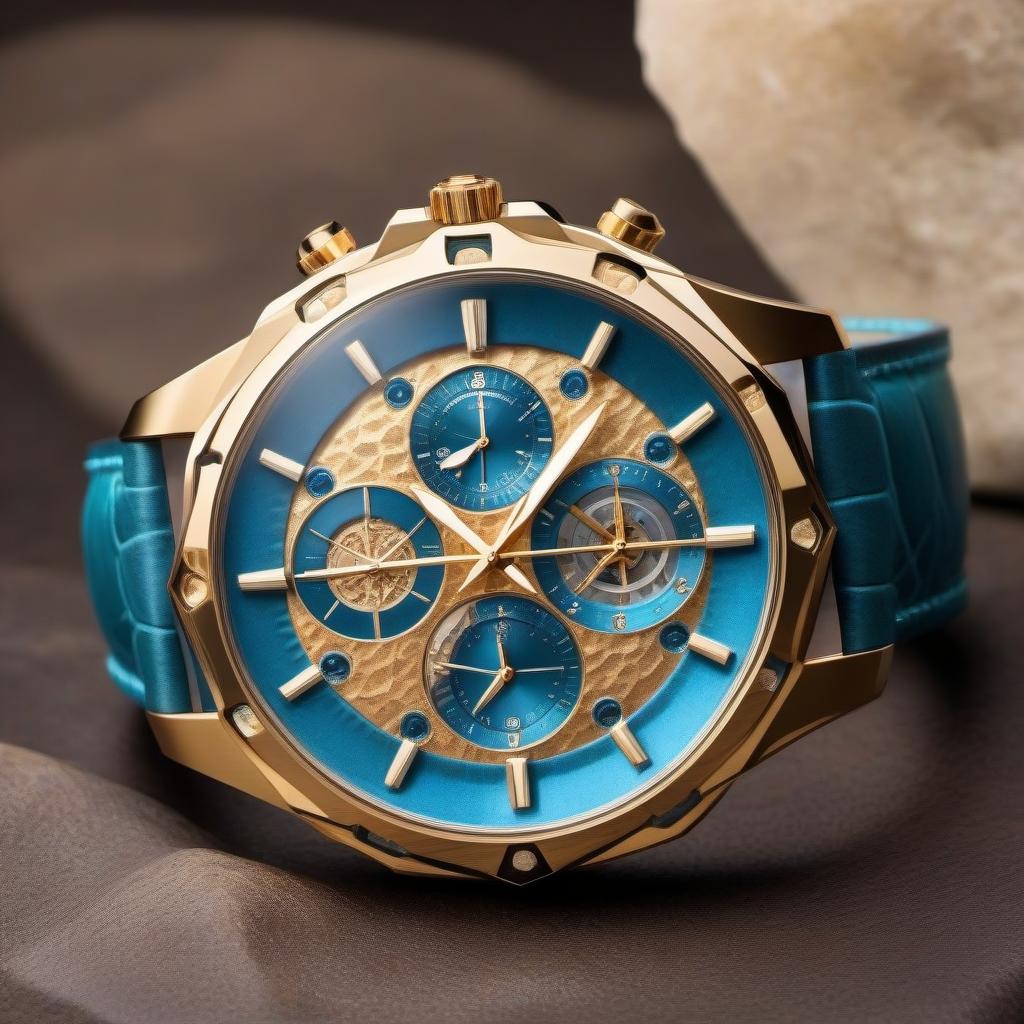  The future , 7000 year , very expensive watch , with aquamarine stone inside , soft star dusting on the stone , heptagonal shape of the watch , wavy hands made of gold , chronograph , stopwatch , pleasant soft moonlight inside the watch , leather strap , high detail , 5000K quality