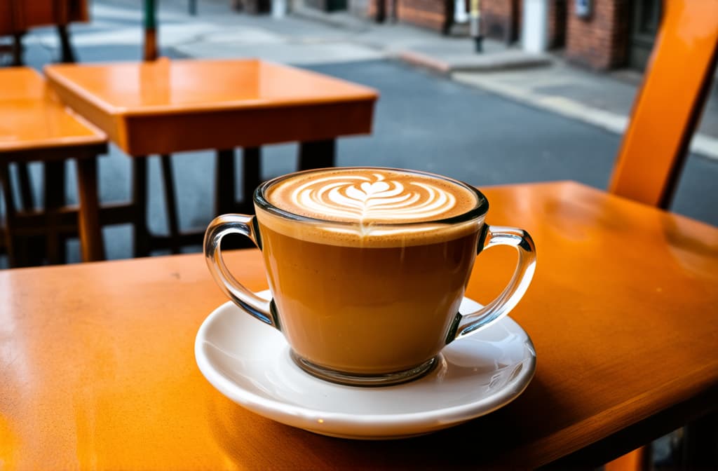  professional detailed photography, pumpkin latte coffee in a beautiful coffee glass on a table in a cafe on the street in autumn, autumn cozy atmosphere ar 3:2, (muted colors, dim colors, soothing tones), (vsco:0.3)