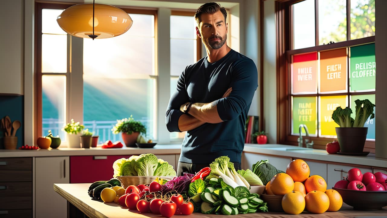  a vibrant kitchen scene with colorful raw fruits and vegetables, a person thoughtfully preparing a fresh salad, sunlight streaming through a window, and a calendar on the wall marking the days of adjustment. hyperrealistic, full body, detailed clothing, highly detailed, cinematic lighting, stunningly beautiful, intricate, sharp focus, f/1. 8, 85mm, (centered image composition), (professionally color graded), ((bright soft diffused light)), volumetric fog, trending on instagram, trending on tumblr, HDR 4K, 8K