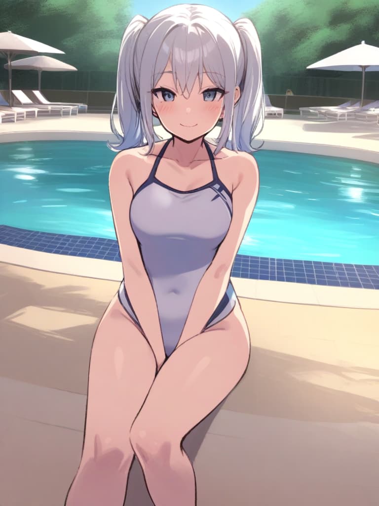  junior s, twin tails, cute smiles, swimwear, swimwear, s with , ( swelling, phimosis), hermaphrodite, whole body, pool side,