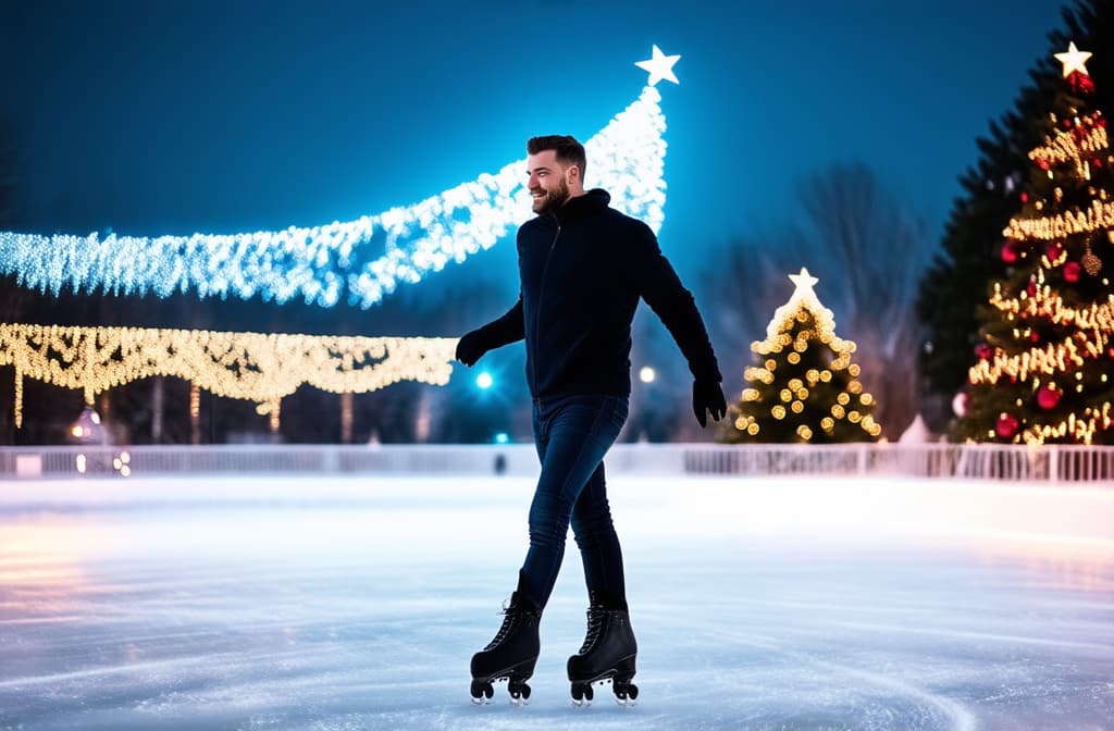  professional detailed photography, ice skating under twinkling lights and holiday decorations. ar 3:2, (muted colors, dim colors, soothing tones), (vsco:0.3)